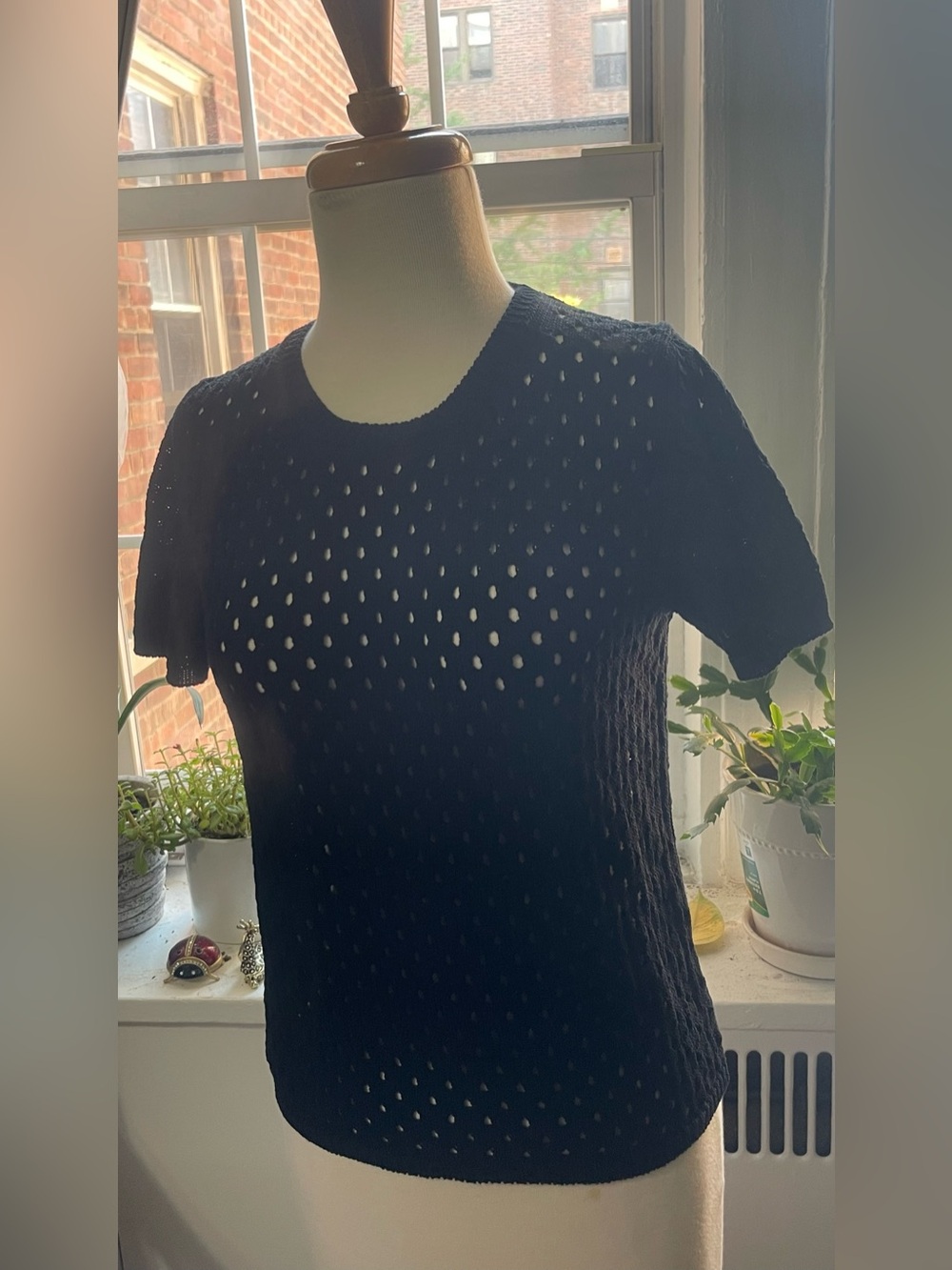 Classic Black Short-Sleeve Openwork Knit Top